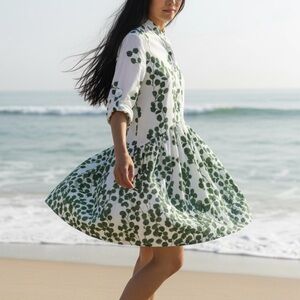 Ro’s Garden Alma Shirt Dress White Green Leaf Size XS